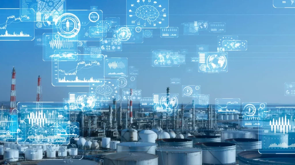 Photo extérieure d'une usine avec des tableaux de bord illustrant une usine digitalisée (Industrie 4.0)